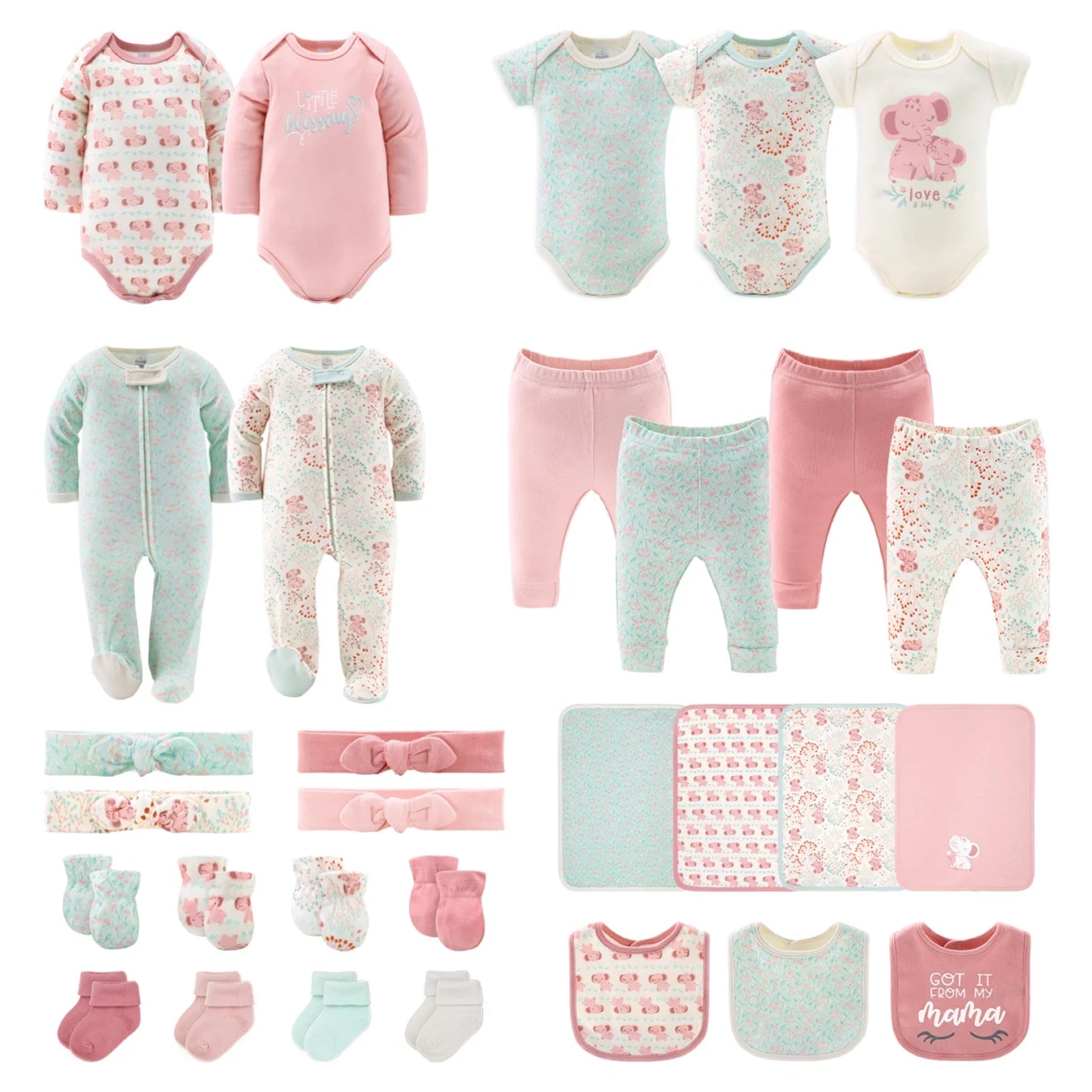 Newborn Layette Gift Set, Pink Floral Elephant, 30 Essential Pieces, 0-3 Months